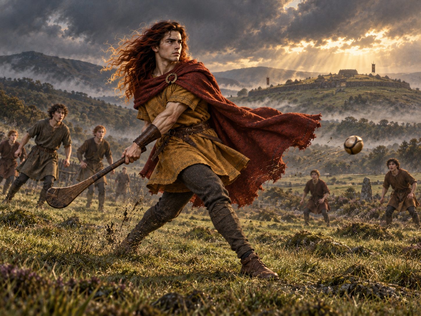 Sétanta, el joven Cú Chulainn, jugando a lo que hoy se asocia con el hurling junto a otros muchachos, con una colina fortificada al fondo