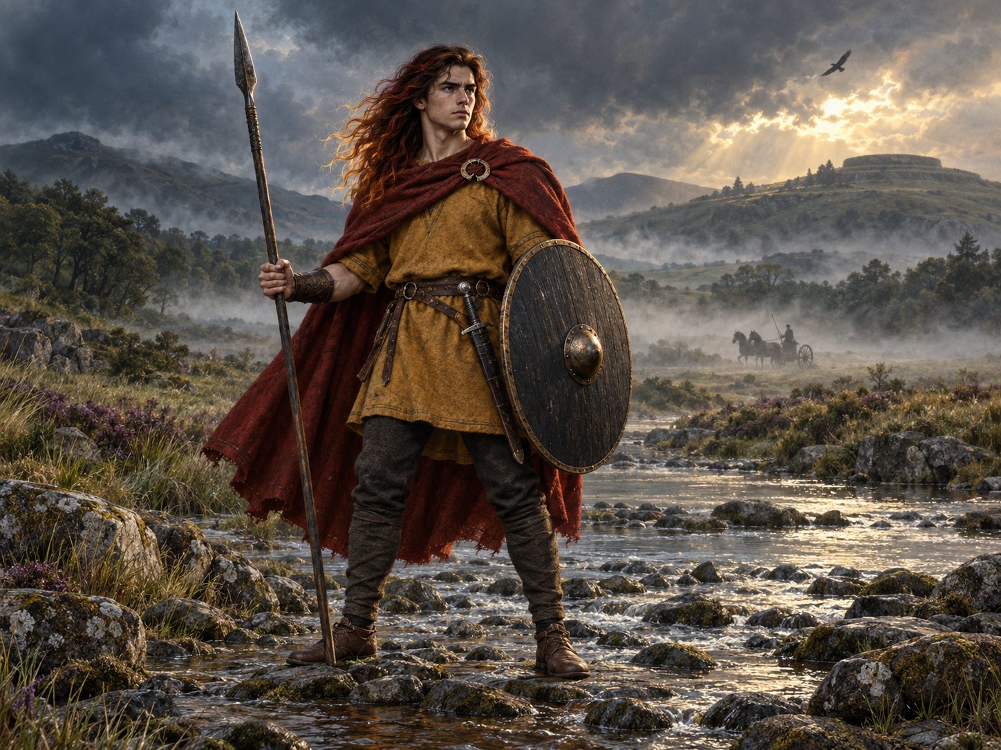 Cú Chulainn, guerrero del Ciclo del Úlster, de pie junto a un río con lanza y escudo, con un carro acercándose entre la niebla