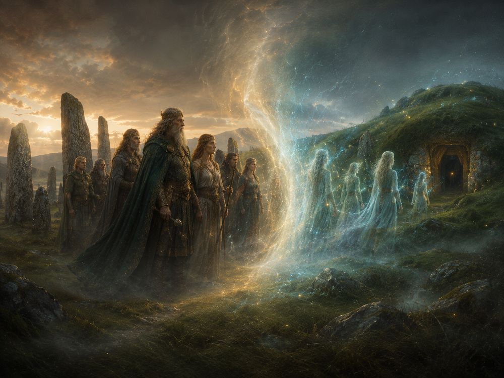 Dioses celtas cruzando un umbral luminoso hacia figuras fantasmales junto a la entrada de un montículo, representando su retiro al Otro Mundo