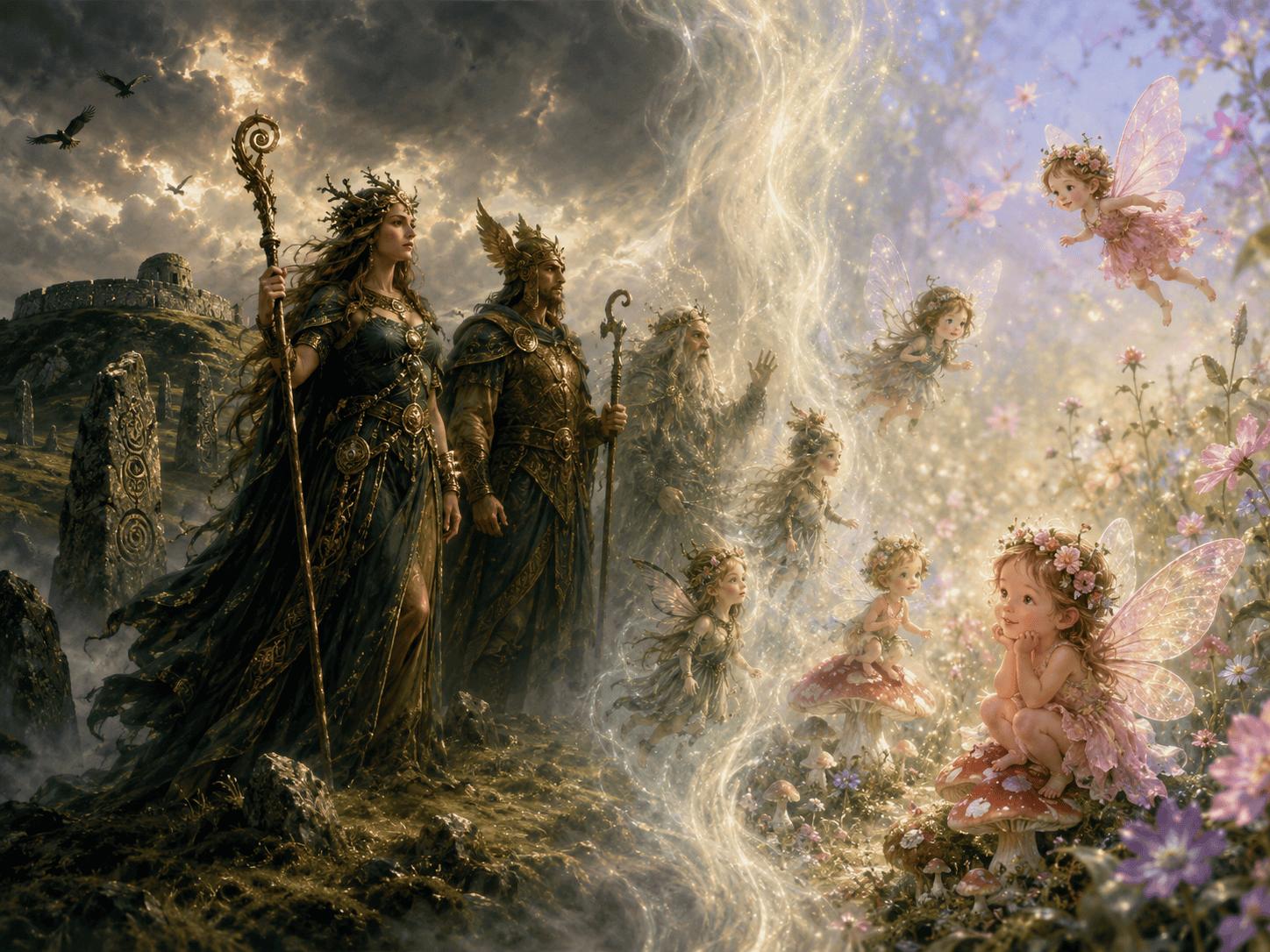 Ilustración de dioses celtas transformándose en hadas irlandesas