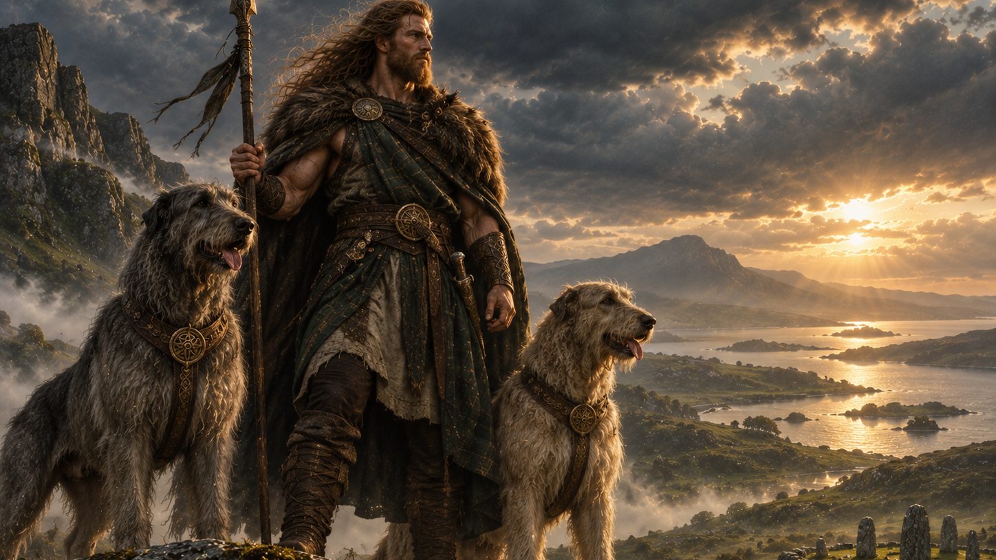 Recreación artística de Fionn mac Cumhaill con una lanza y dos lebreles irlandeses, contemplando un paisaje irlandés con un círculo de piedra al atardecer