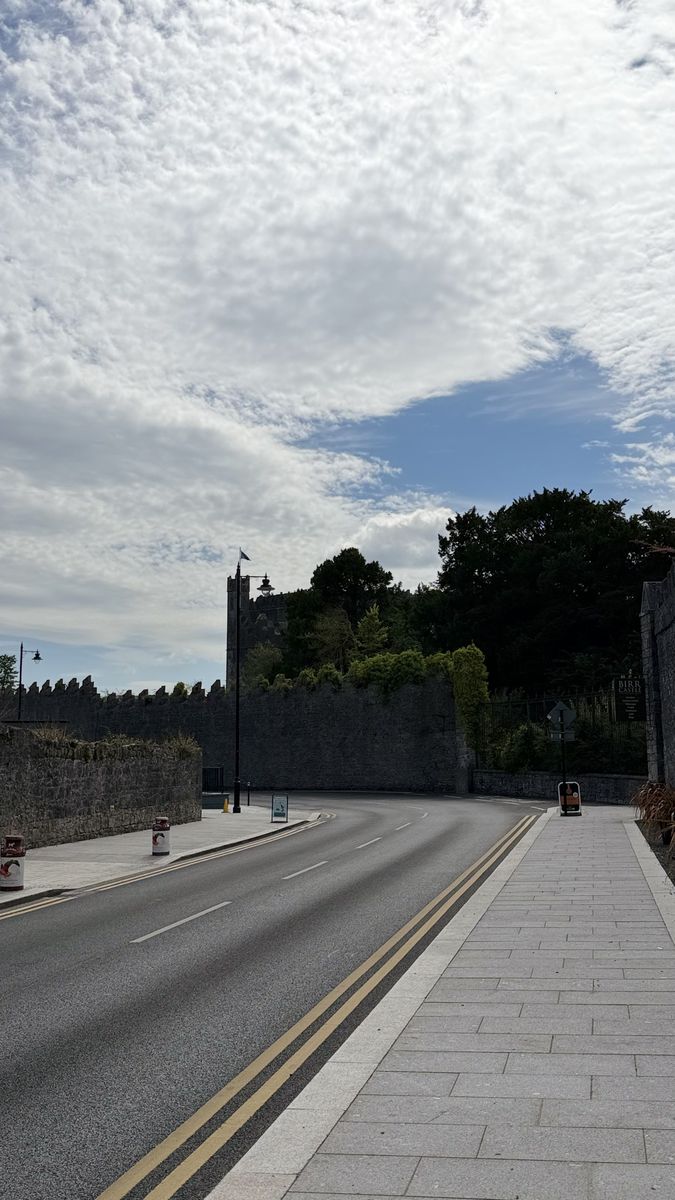 La muralla del castillo vista desde la calle de Birr, con una de sus torres asomando entre los árboles