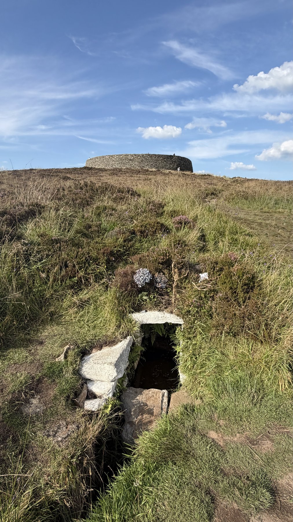 Entrada a un pasadizo subterráneo en la ladera, con el fuerte de Grianán de Aileach al fondo
