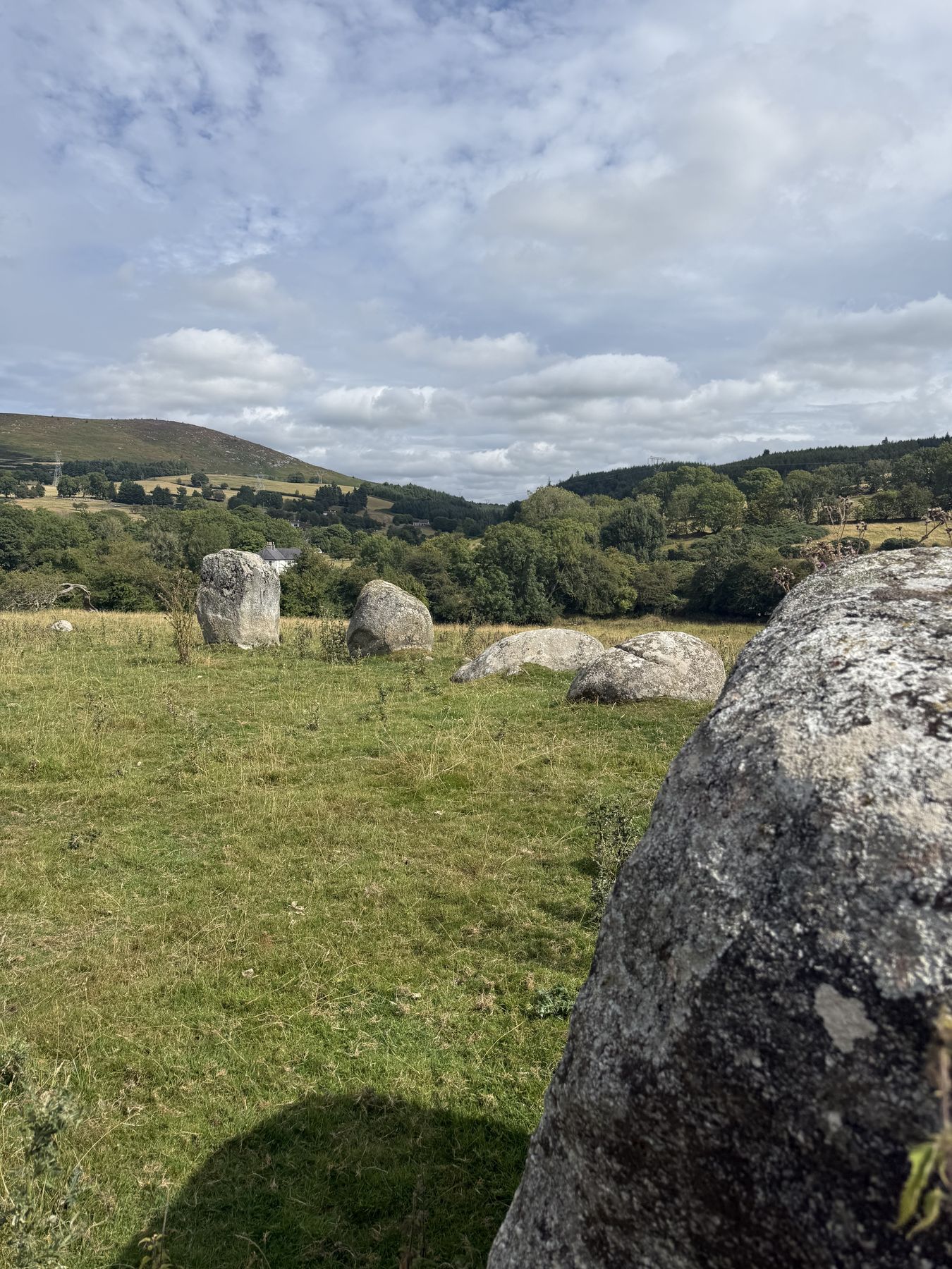 Vista cercana de las piedras del círculo con las colinas de Wicklow al fondo