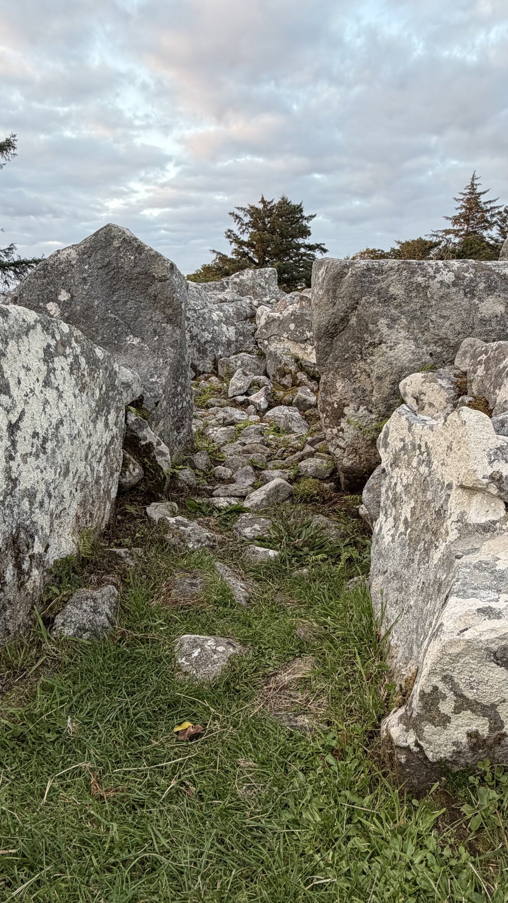 Paso estrecho entre las grandes piedras jamba de la entrada de la Tumba de Creevykeel