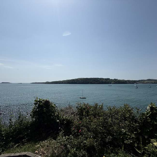 Vista de una isla y veleros anclados en la bahía de Glandore