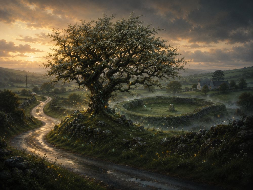 Camino rural irlandés que rodea un espino solitario y un antiguo fuerte anillado al atardecer