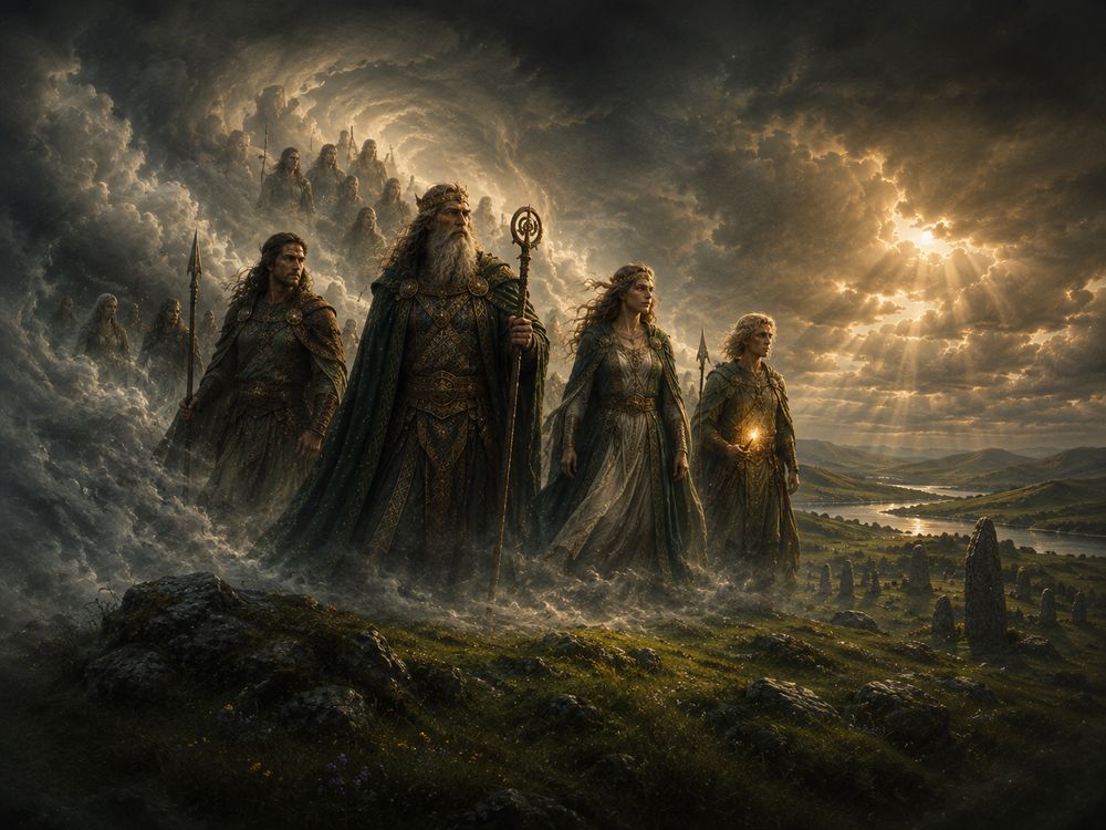 Los Tuatha Dé Danann marchando en procesión sobre un paisaje de piedras erguidas bajo un cielo dorado